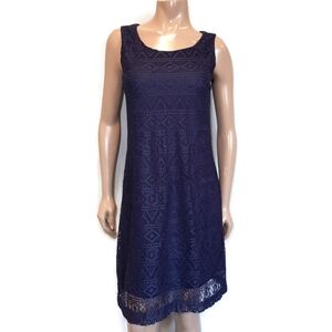3/$20 Tacera Sleeveless Lace Overlay Navy Blue  Shift Dress Womens Size Medium